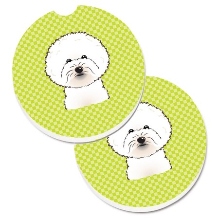 Carolines Treasures Checkerboard Lime Green Bichon Frise  Cup Holder Car Coaster, PK2 BB1279CARC